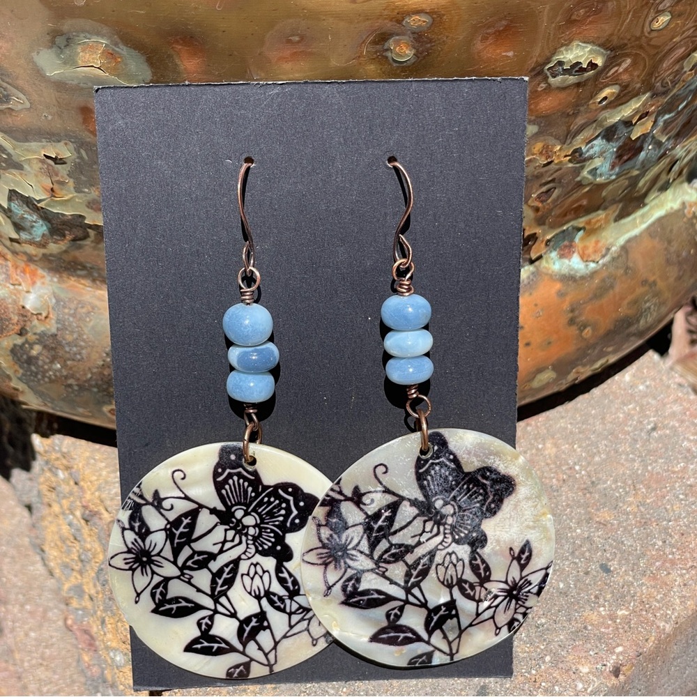 Blue Opal And Butterfly Seashell Copper Dangling Earrings - Picture 6 of 9